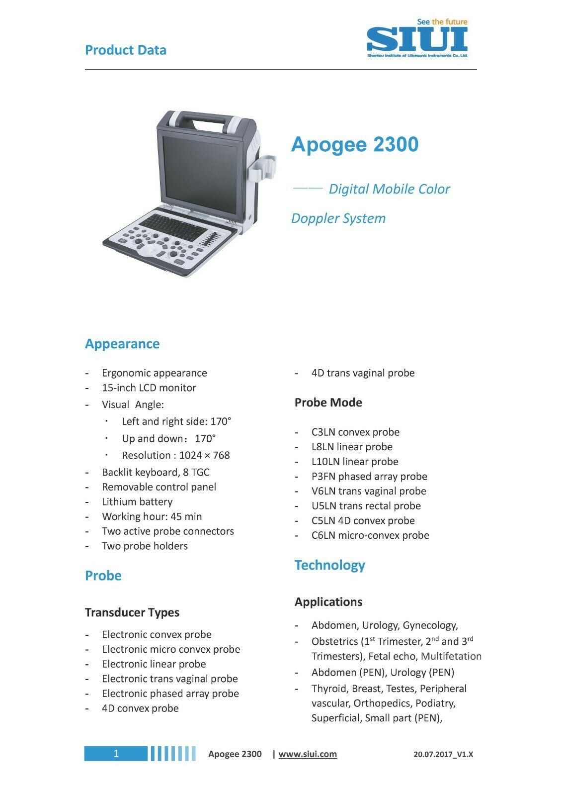 Portable OB/GYN Ultrasound Machine - SIUI Apogee 2300, 2 Probes