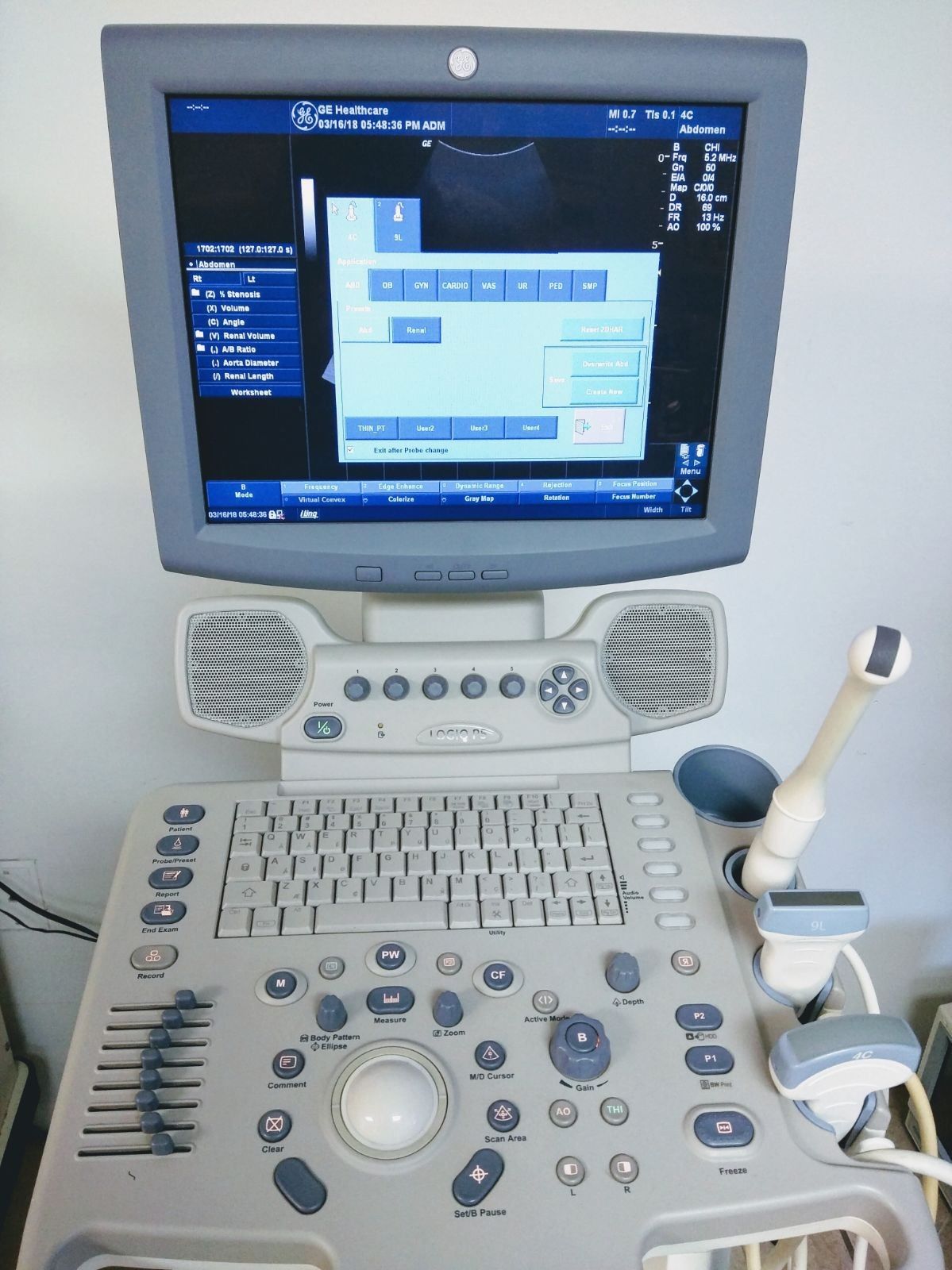 GE LOGIQ P5 2007 ULTRASOUND SYSTEM W/3 PROBES 4C CONVEX & 9L LINEAR & E8C TRANSV DIAGNOSTIC ULTRASOUND MACHINES FOR SALE