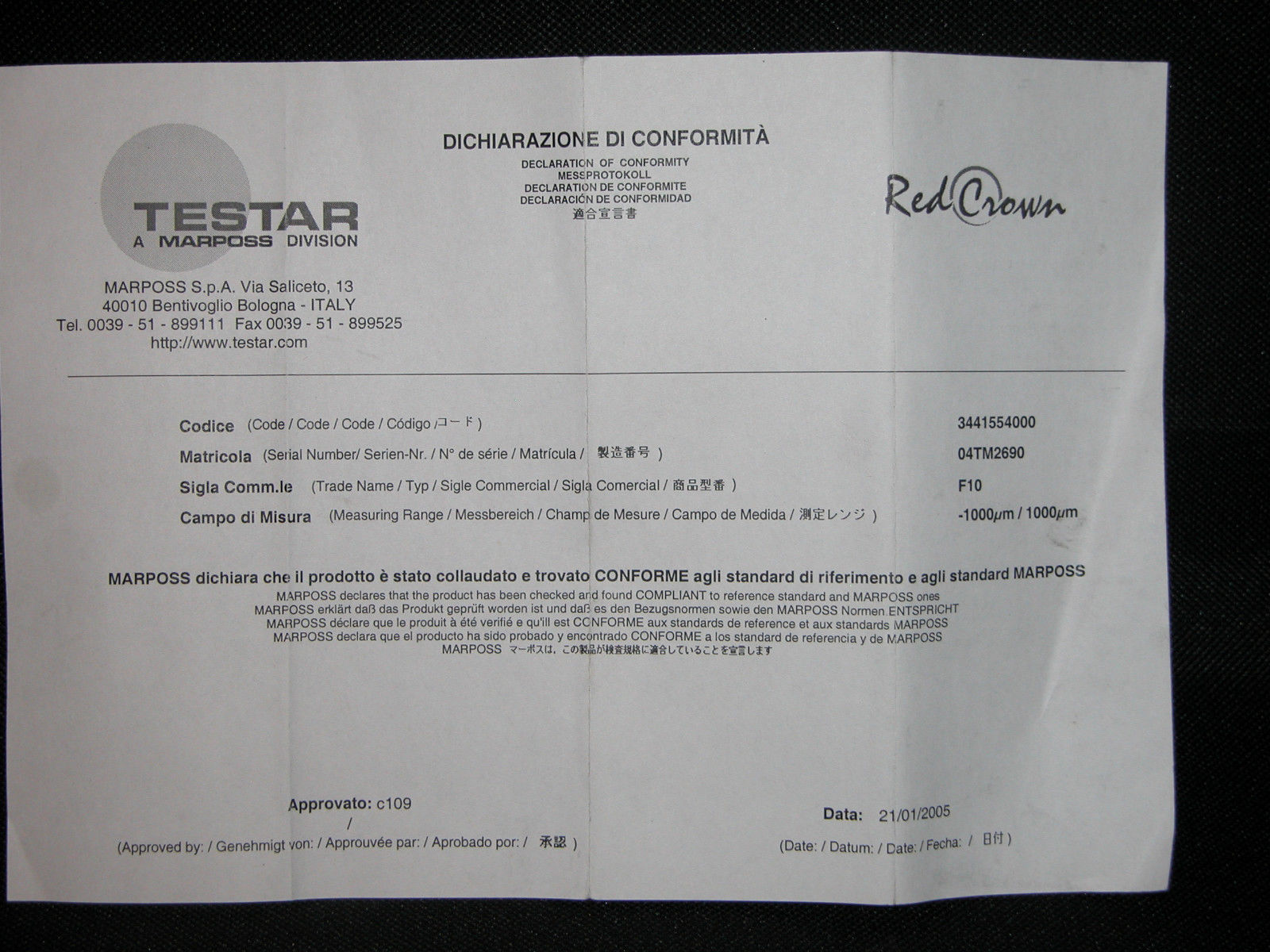 Marposs Testar Red Crown F10L Linear Transducer LVDT Pencil Probe (3441554017) DIAGNOSTIC ULTRASOUND MACHINES FOR SALE